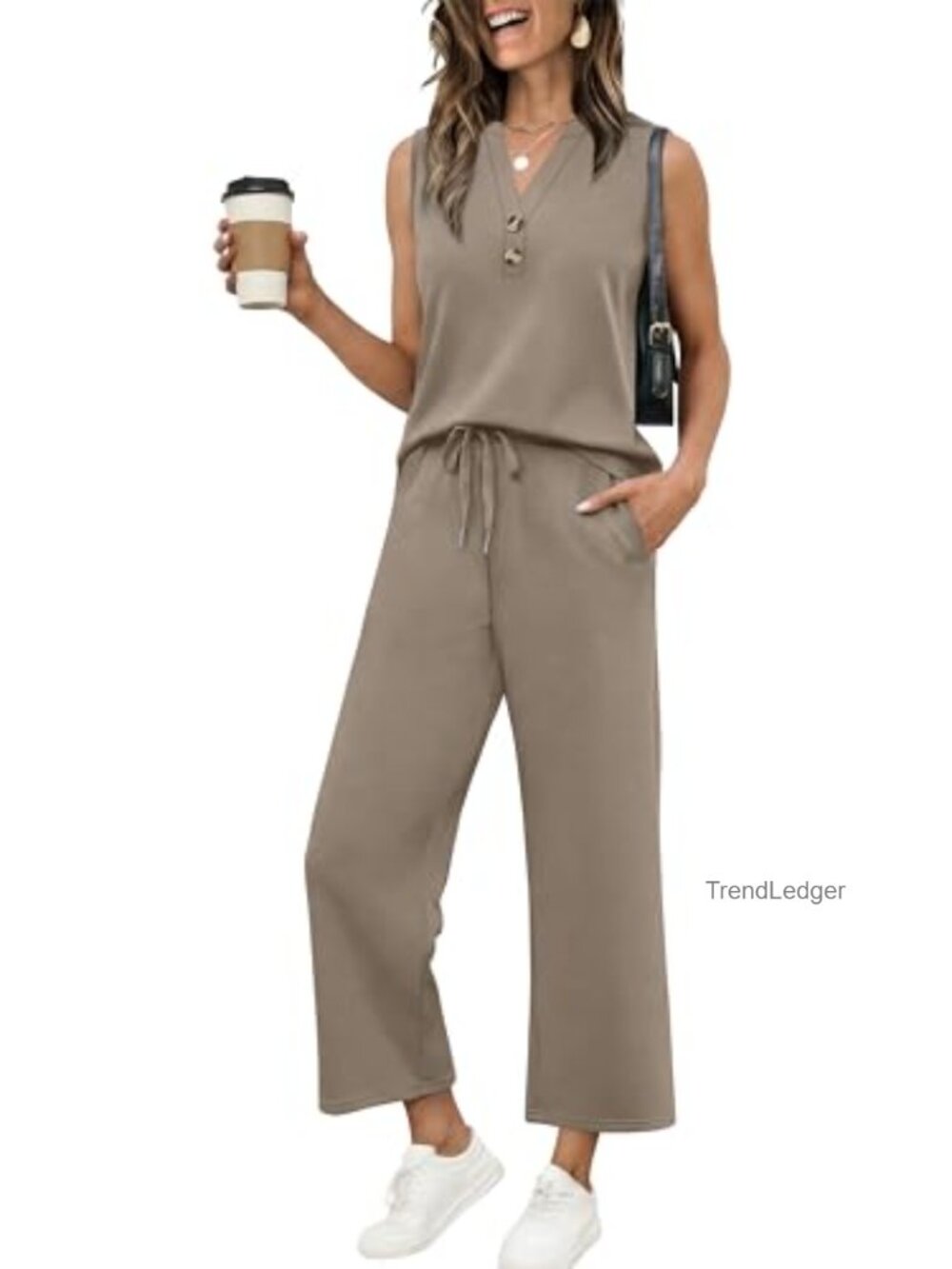 Two Piece Lounge Set for Women V-Neck Tank Wide Leg Pants Summer Vacation
